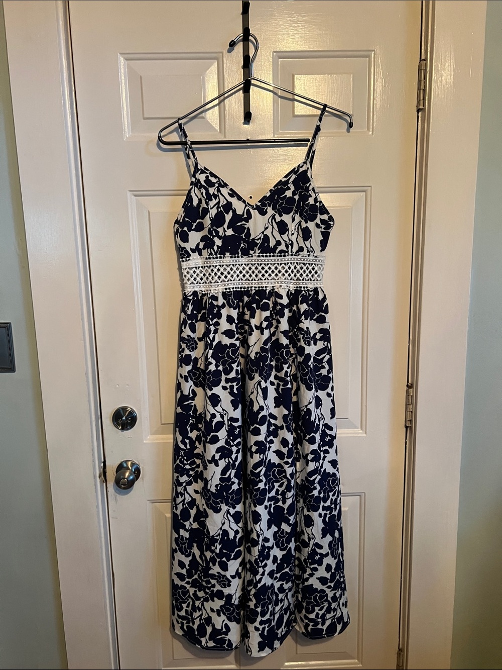 Women's Navy and White Floral Maxi Dress with Crochet Waist